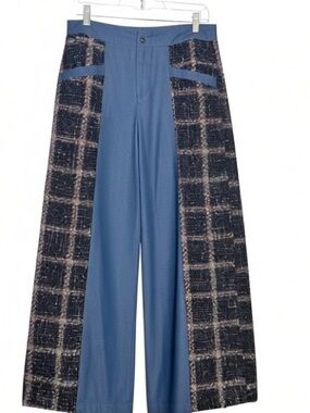 VOY Wide Leg Jeans Tweed Side Panel High Rise Denim Pants M Stretch Palazzo